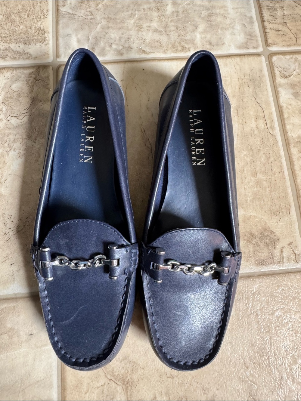 Polo by Ralph Lauren Navy Leather Chain-Trim Loafers